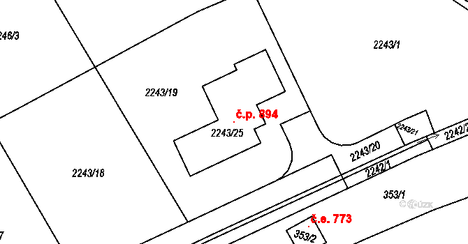 Lipence 894, Praha na parcele st. 2243/25 v KÚ Lipence, Katastrální mapa