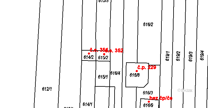 Popůvky 352 na parcele st. 615/2 v KÚ Popůvky u Brna, Katastrální mapa