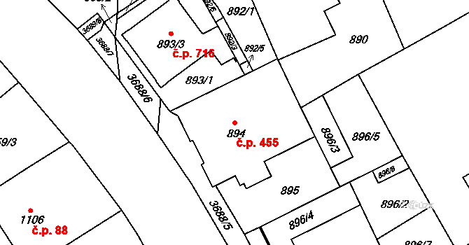 Vyškov-Předměstí 455, Vyškov na parcele st. 894 v KÚ Vyškov, Katastrální mapa