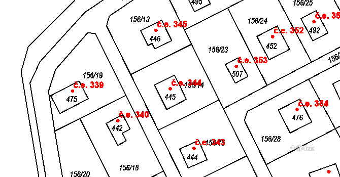 Třebsín 344, Krňany na parcele st. 445 v KÚ Třebsín, Katastrální mapa