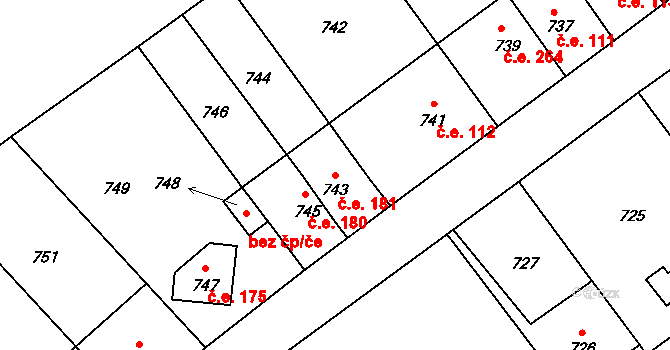Hlásná Třebaň 181 na parcele st. 743 v KÚ Hlásná Třebaň, Katastrální mapa