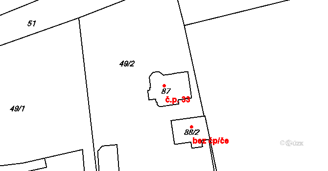 Vlčkov 33 na parcele st. 87 v KÚ Vlčkov, Katastrální mapa