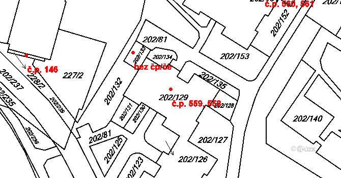 Frýdek 558,559, Frýdek-Místek na parcele st. 202/129 v KÚ Frýdek, Katastrální mapa