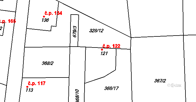 Dřínov 122 na parcele st. 121 v KÚ Dřínov, Katastrální mapa