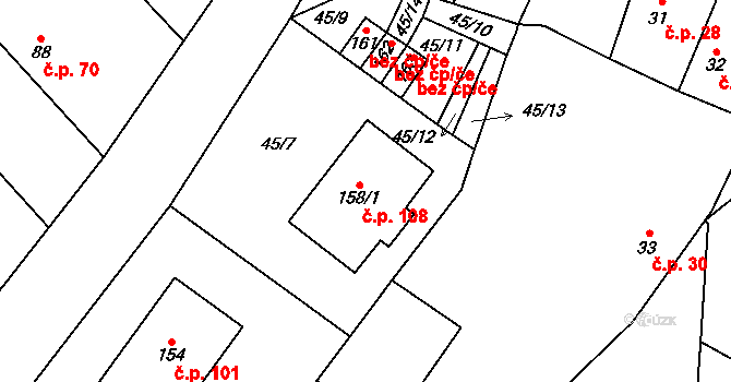 Toušice 108 na parcele st. 158/1 v KÚ Toušice, Katastrální mapa
