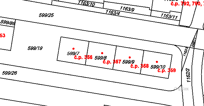 Prosek 357, Praha na parcele st. 599/8 v KÚ Prosek, Katastrální mapa