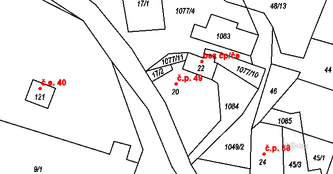 Rašovice 49, Úštěk na parcele st. 20 v KÚ Rašovice u Kalovic, Katastrální mapa