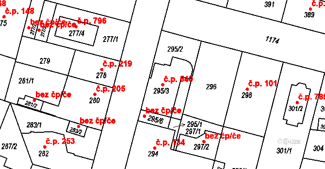 Újezd 540, Plzeň na parcele st. 295/3 v KÚ Újezd, Katastrální mapa