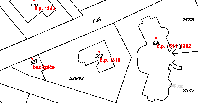 Nová Hospoda 1316, Kamenice na parcele st. 552 v KÚ Štiřín, Katastrální mapa