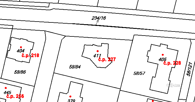 Malšova Lhota 227, Hradec Králové na parcele st. 411 v KÚ Malšova Lhota, Katastrální mapa