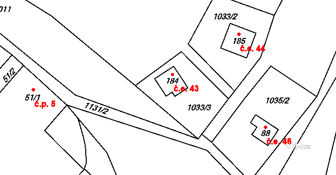 Kobylníky 43, Chotilsko na parcele st. 184 v KÚ Prostřední Lhota, Katastrální mapa