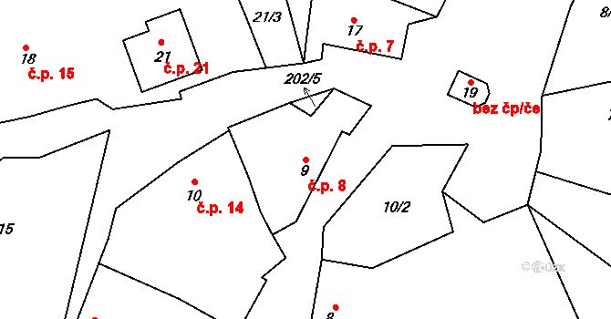 Šanovice 8, Sedlec-Prčice na parcele st. 9 v KÚ Šanovice, Katastrální mapa