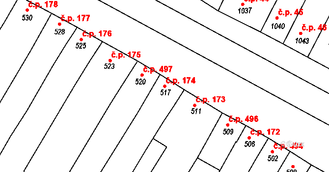 Hluk 174 na parcele st. 517 v KÚ Hluk, Katastrální mapa