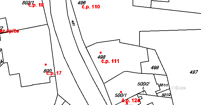 Pustiměřské Prusy 111, Pustiměř na parcele st. 498 v KÚ Pustiměř, Katastrální mapa
