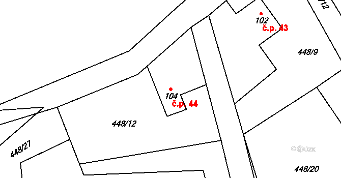 Všeradov 44 na parcele st. 104 v KÚ Všeradov, Katastrální mapa