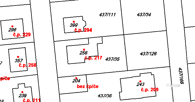 Úžice 217 na parcele st. 256 v KÚ Úžice u Kralup nad Vltavou, Katastrální mapa