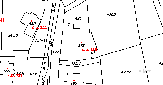 Černý Vůl 149, Statenice na parcele st. 375 v KÚ Statenice, Katastrální mapa