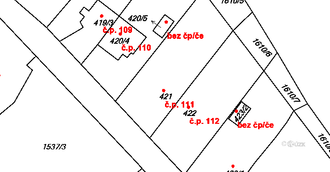 Díly 111 na parcele st. 421 v KÚ Díly, Katastrální mapa