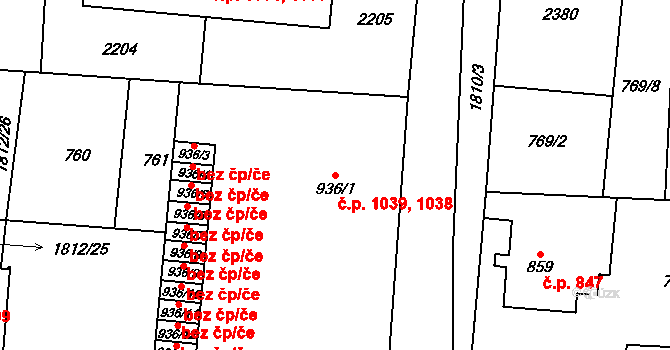 Přelouč 1038,1039 na parcele st. 936/1 v KÚ Přelouč, Katastrální mapa