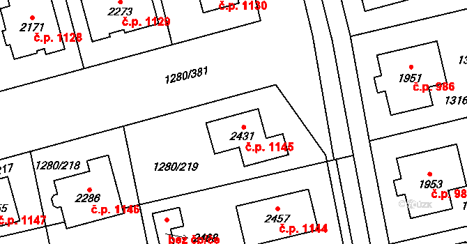Dobřany 1145 na parcele st. 2431 v KÚ Dobřany, Katastrální mapa