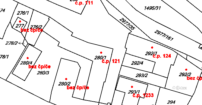 Mohelnice 121 na parcele st. 280/1 v KÚ Mohelnice, Katastrální mapa