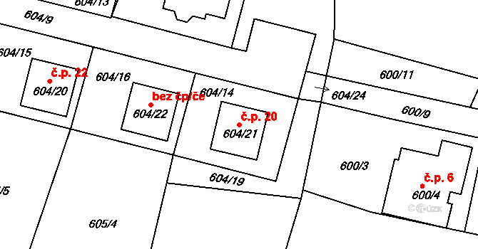 Rychnov nad Kněžnou 20 na parcele st. 604/21 v KÚ Rychnov nad Kněžnou, Katastrální mapa