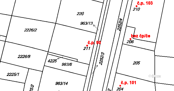Jiřice u Miroslavi 90 na parcele st. 211 v KÚ Jiřice u Miroslavi, Katastrální mapa