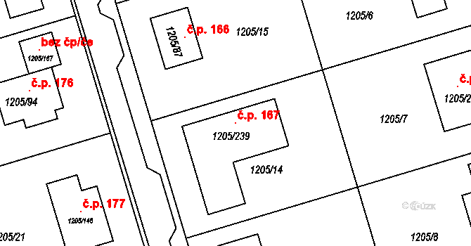 Malešovice 167 na parcele st. 1205/239 v KÚ Malešovice, Katastrální mapa