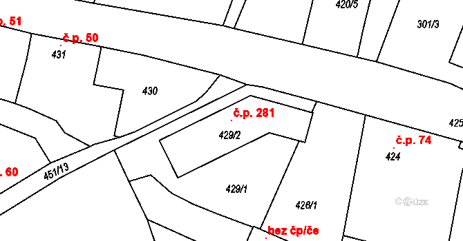 Dříteň 281 na parcele st. 429/2 v KÚ Dříteň, Katastrální mapa
