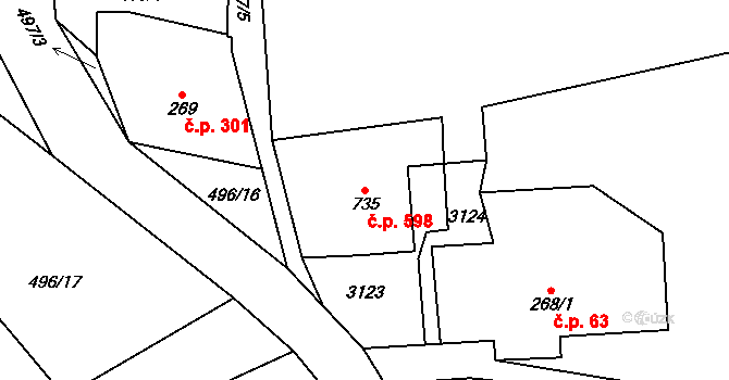 Polubný 598, Kořenov na parcele st. 735 v KÚ Polubný, Katastrální mapa