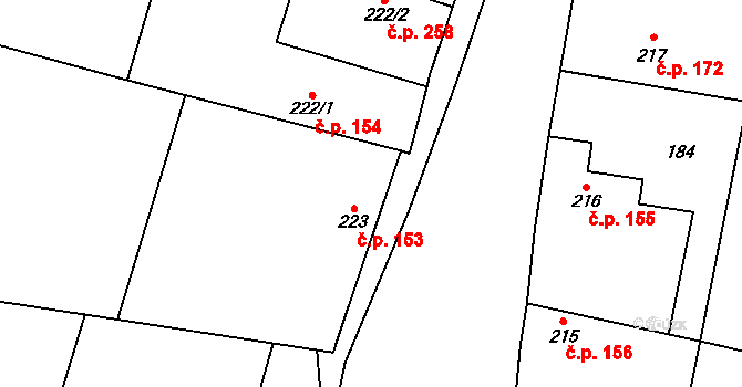 Rožďalovice 153 na parcele st. 223 v KÚ Rožďalovice, Katastrální mapa