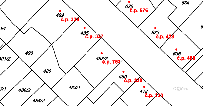 Lužice 753 na parcele st. 483/2 v KÚ Lužice u Hodonína, Katastrální mapa
