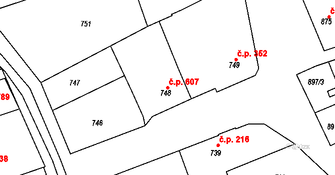 Šardice 607 na parcele st. 748 v KÚ Šardice, Katastrální mapa