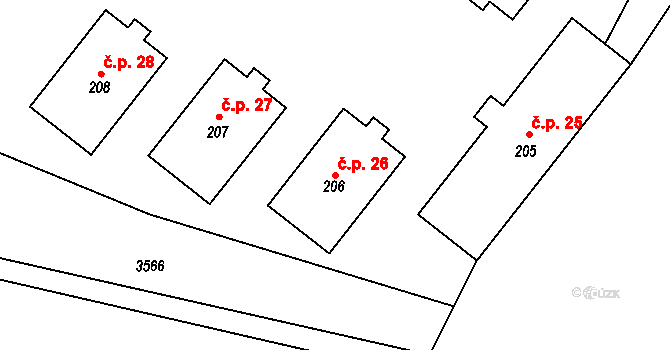 Hrajovice 26, Kamberk na parcele st. 206 v KÚ Kamberk, Katastrální mapa