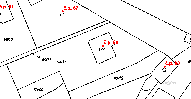 Horní Stakory 89, Kosmonosy na parcele st. 134 v KÚ Horní Stakory, Katastrální mapa