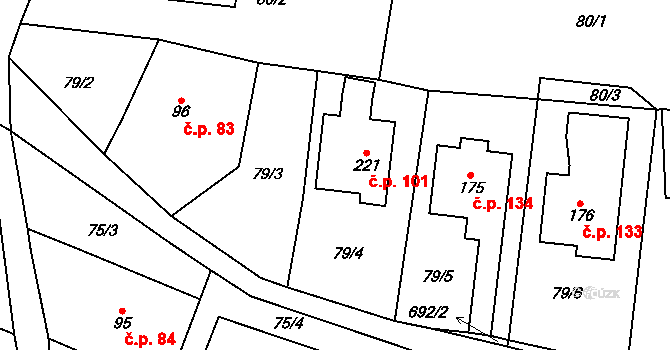 Bouzov 101 na parcele st. 221 v KÚ Bouzov, Katastrální mapa