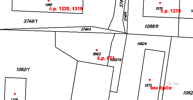 Rožnov pod Radhoštěm 571 na parcele st. 956/2 v KÚ Rožnov pod Radhoštěm, Katastrální mapa