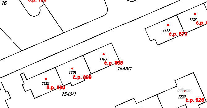 Rožnov pod Radhoštěm 888 na parcele st. 1183 v KÚ Rožnov pod Radhoštěm, Katastrální mapa