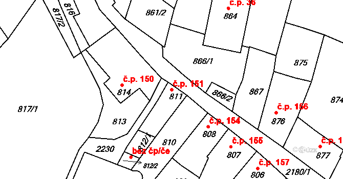 Březnice 151 na parcele st. 811 v KÚ Březnice, Katastrální mapa