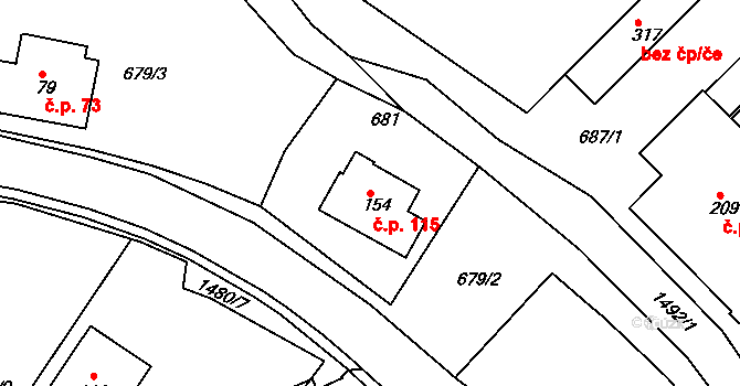 Písečná 115 na parcele st. 154 v KÚ Písečná u Žamberka, Katastrální mapa