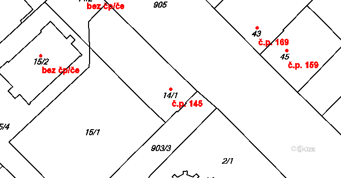 Milovice 145 na parcele st. 14/1 v KÚ Milovice nad Labem, Katastrální mapa