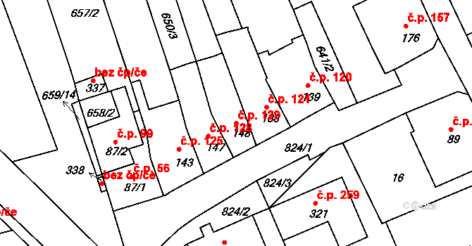 Unčín 129, Krupka na parcele st. 148 v KÚ Unčín u Krupky, Katastrální mapa