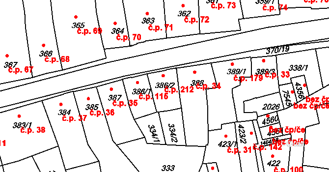 Stařečka 212, Třebíč na parcele st. 386/2 v KÚ Třebíč, Katastrální mapa