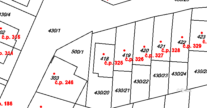 Sady 325, Uherské Hradiště na parcele st. 418 v KÚ Sady, Katastrální mapa