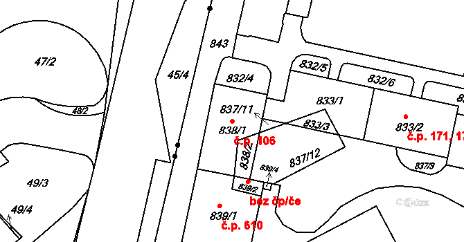 Staré Brno 106, Brno na parcele st. 838/1 v KÚ Staré Brno, Katastrální mapa