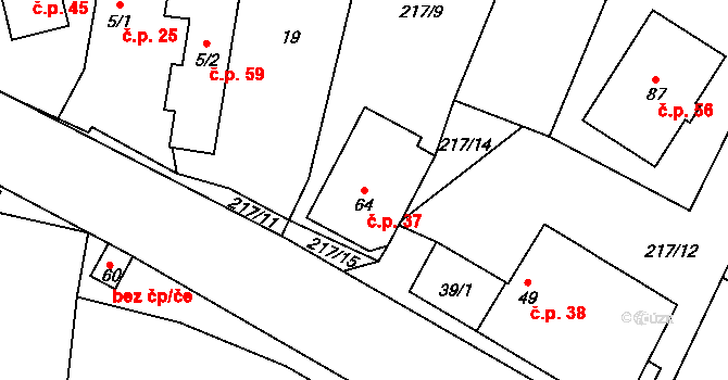 Strměchy 37, Pelhřimov na parcele st. 64 v KÚ Strměchy, Katastrální mapa