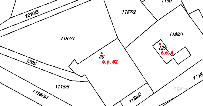 Těšenov 52, Horní Cerekev na parcele st. 80 v KÚ Těšenov, Katastrální mapa