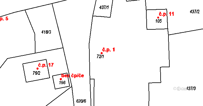 Jehlice 1, Dolní Přím na parcele st. 72/1 v KÚ Dolní Přím, Katastrální mapa