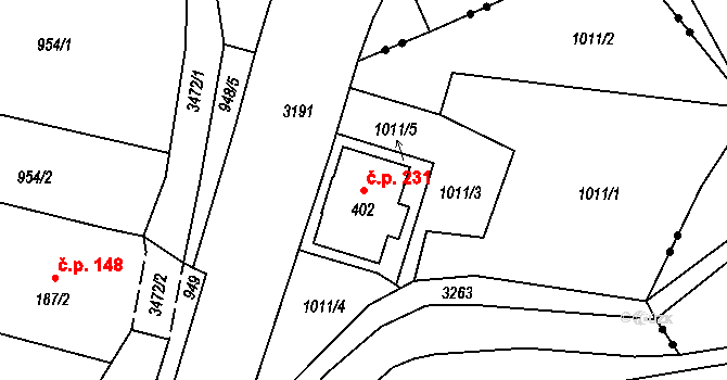 Jílové 231 na parcele st. 402 v KÚ Jílové u Děčína, Katastrální mapa