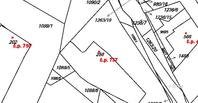Bakov nad Jizerou 737 na parcele st. 256 v KÚ Bakov nad Jizerou, Katastrální mapa